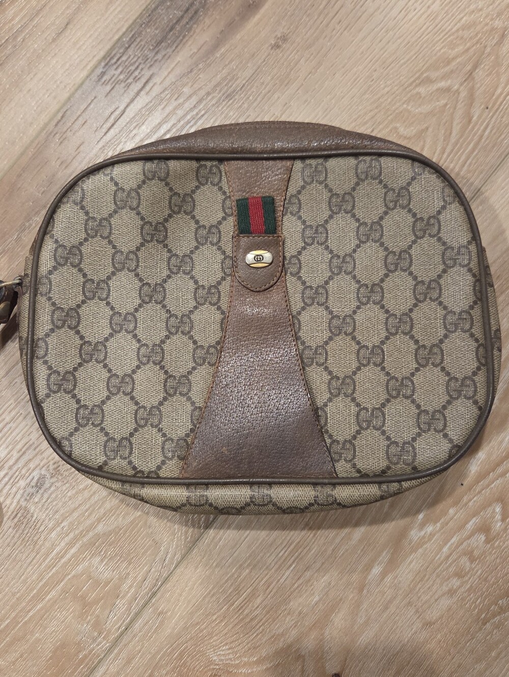 Gucci Beige GG Canvas Toiletry Bag with Brown Leather Trim and Green-Red Web